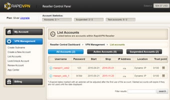 RapidVPN Reseller Control Panel - Screen 1
