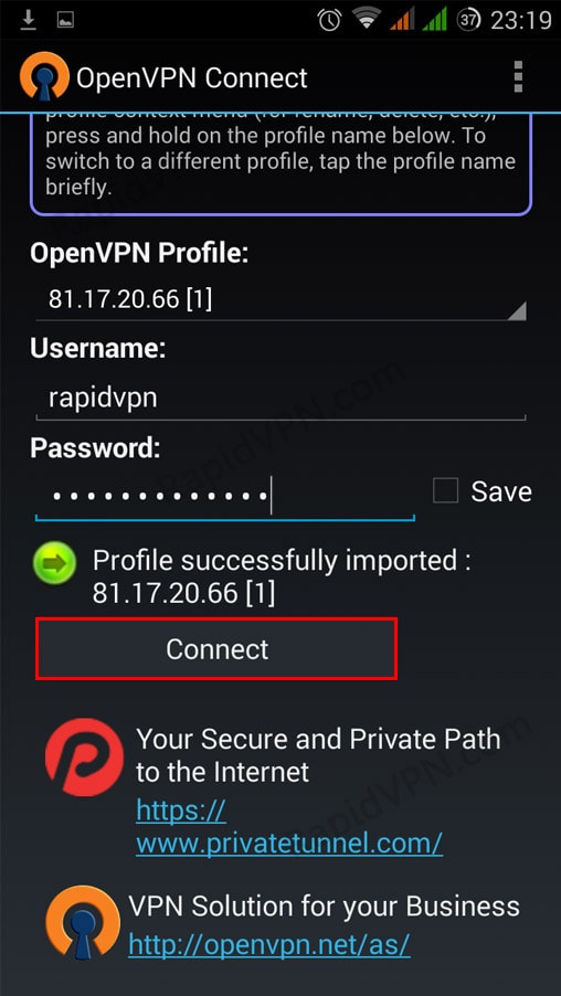 OpenVPN connection on Android - Step 8